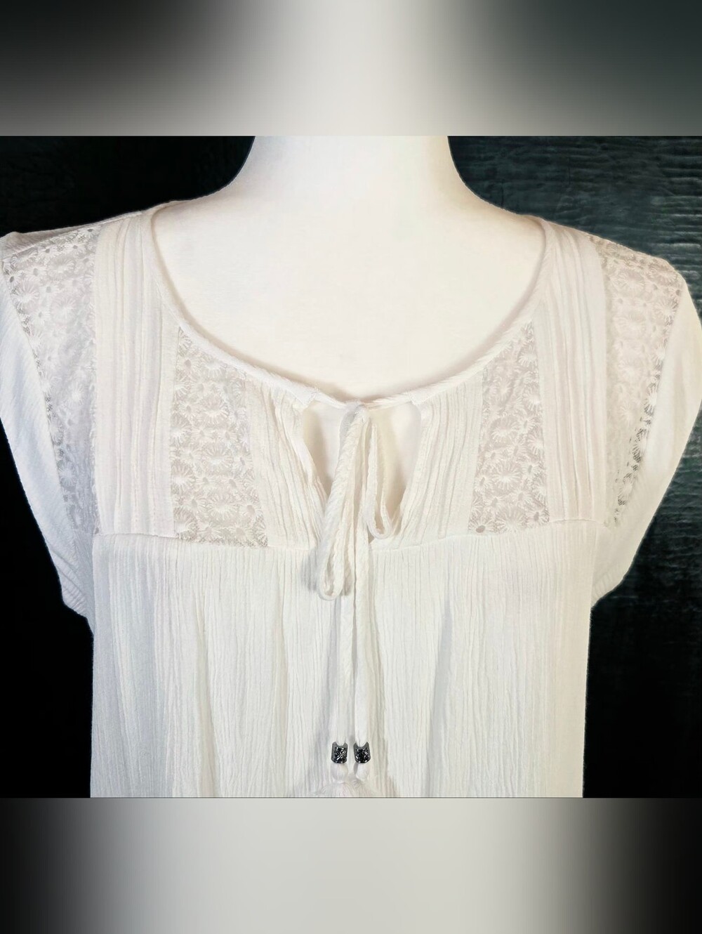 Black Rainn White Boho Lace Inset Keyhole Tassel Gauze Tunic Top M - Picture 5 of 10